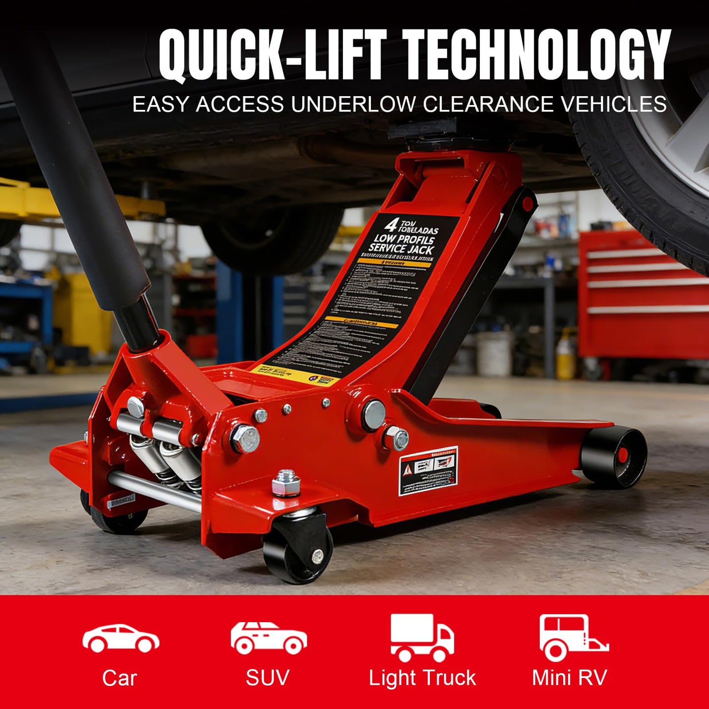 Big RED 4 Ton Low Profile Hydraulic Service Floor Jack, Dual Piston Fast Lift Pump, 8000 lb Heavy Duty Capacity