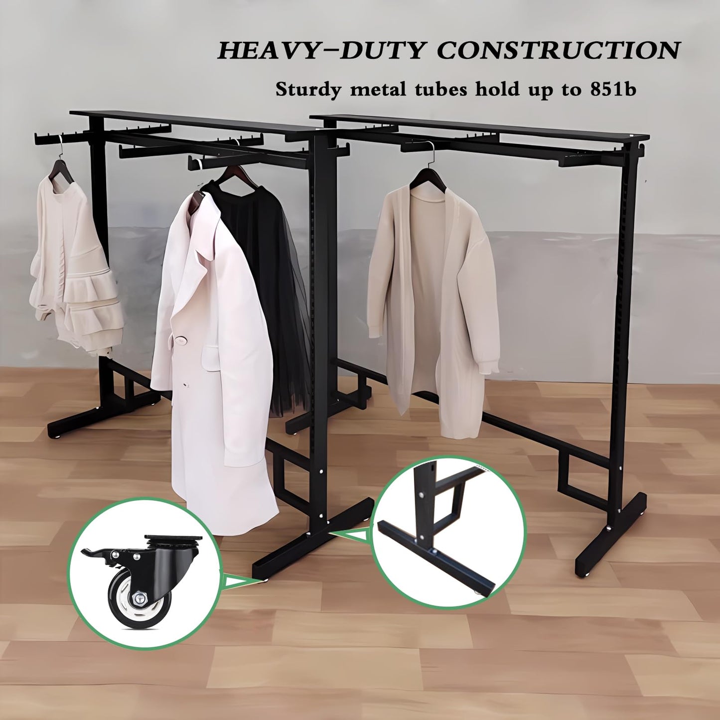 Clothing Rack with adjustable 8 Arms, Garment Rack Display Stand with Wheels and Shelf, Metal Clothes Hanger with Double Rod, Large Boutique Retail Stores Storage (Black, 59 * 19.6 * 61.02in)