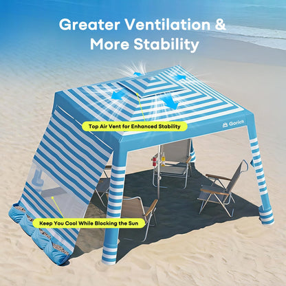 Gorich Beach Cabana with UPF50+ UV Protection, 8x8 FT/10x10 FT Beach Canopy Tent with Side Wall, Easy Setup, Windproof Portable Sun Shelter Shade for Family