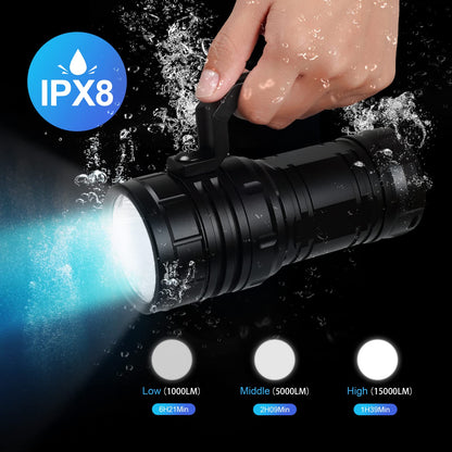 Wurkkos Diving Flashlight DL06 Max 15000 Lumen Scuba Dive Light, 100°Beam Angle Diving Light with 6 LED, IPX8 Waterproof Dive Torch 100m Underwater Flashlight Neutral White(5000K)