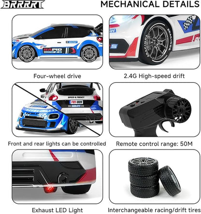 BRRRRT 1:24 Remote Control Rally CarDrift Car with LED Lights4WD High Speed Remote Control Cars for Boys and Girls Age 6+