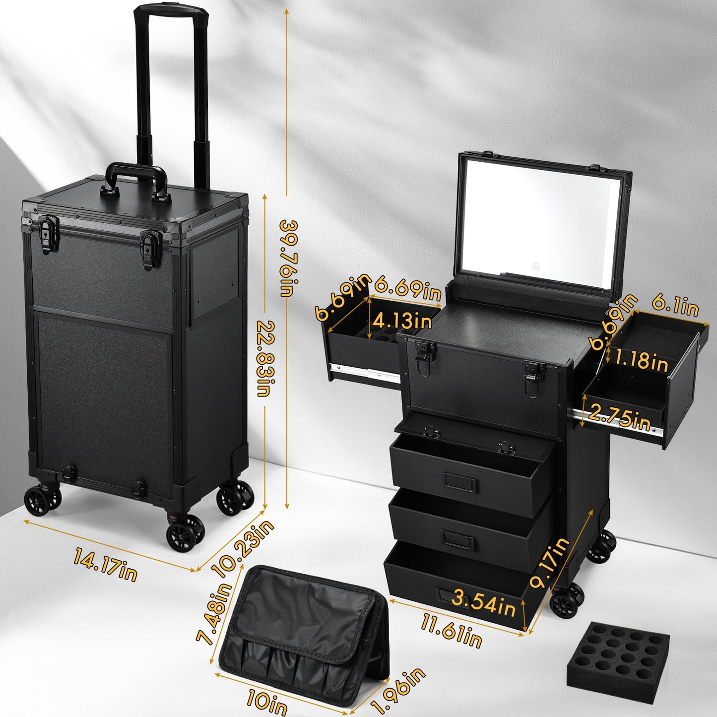 Faquenc Rolling Makeup Case with lighted mirror, Cosmetology Case on Wheels with LED Mirror, Professional Salon Trolley Cart with Drawer,Travel Makeup Lockable Beauty Organizer with Live Stream Light