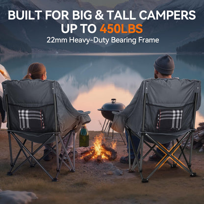 Huskfirm 2 Pack Camping Chairs Oversized Padded Camping Chair Heavy-Duty Foldable Camping Chairs with Cup Holder and Cooler Bag Portable Lawn Chair for Sports Outdoors-Support 450LBS, Grey