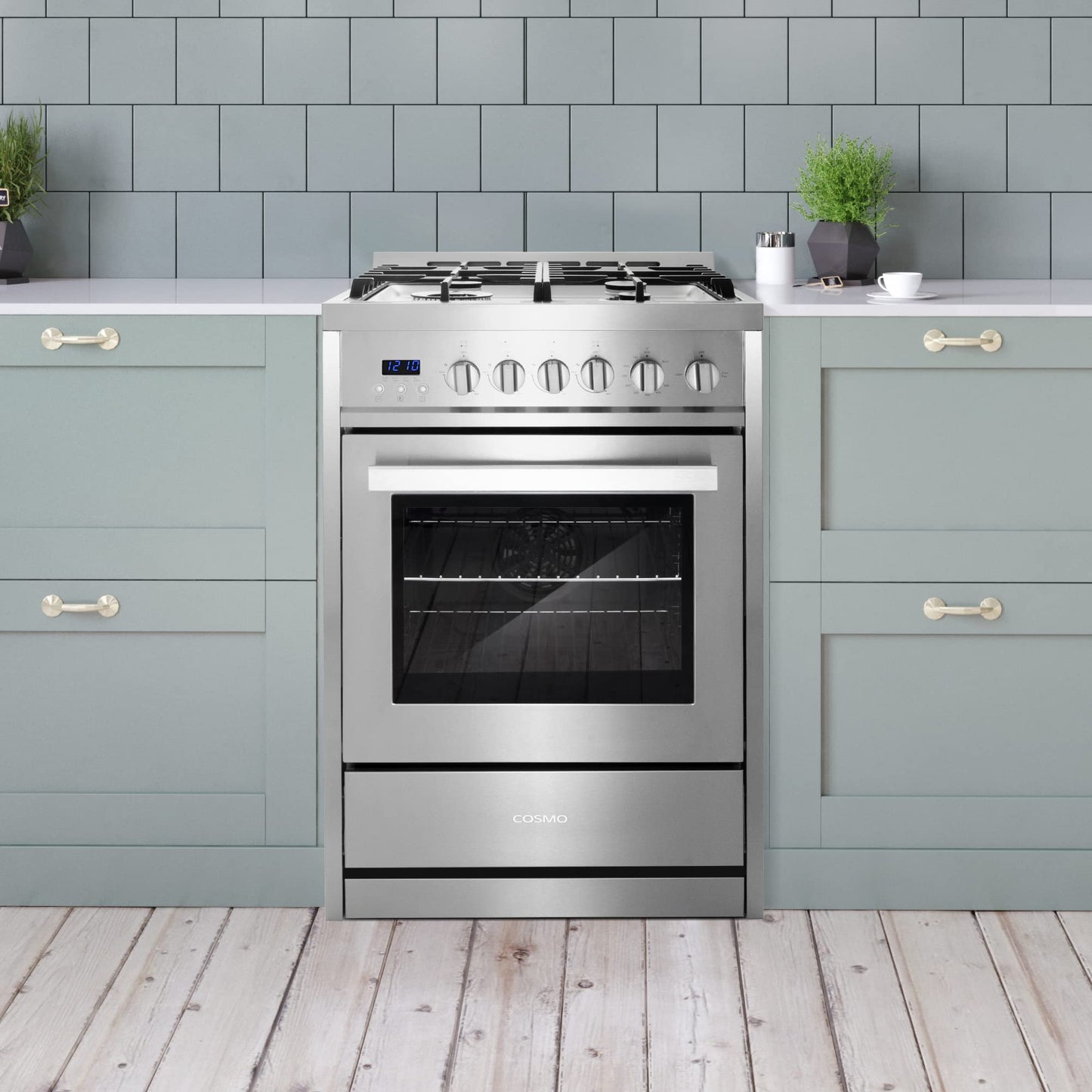 COSMO COS-244AGC 24 in. Nebula Collection 2.7 cu. ft. Gas Range, 4 Burners, Rapid Convection Oven, Cast Iron Grates in Stainless Steel