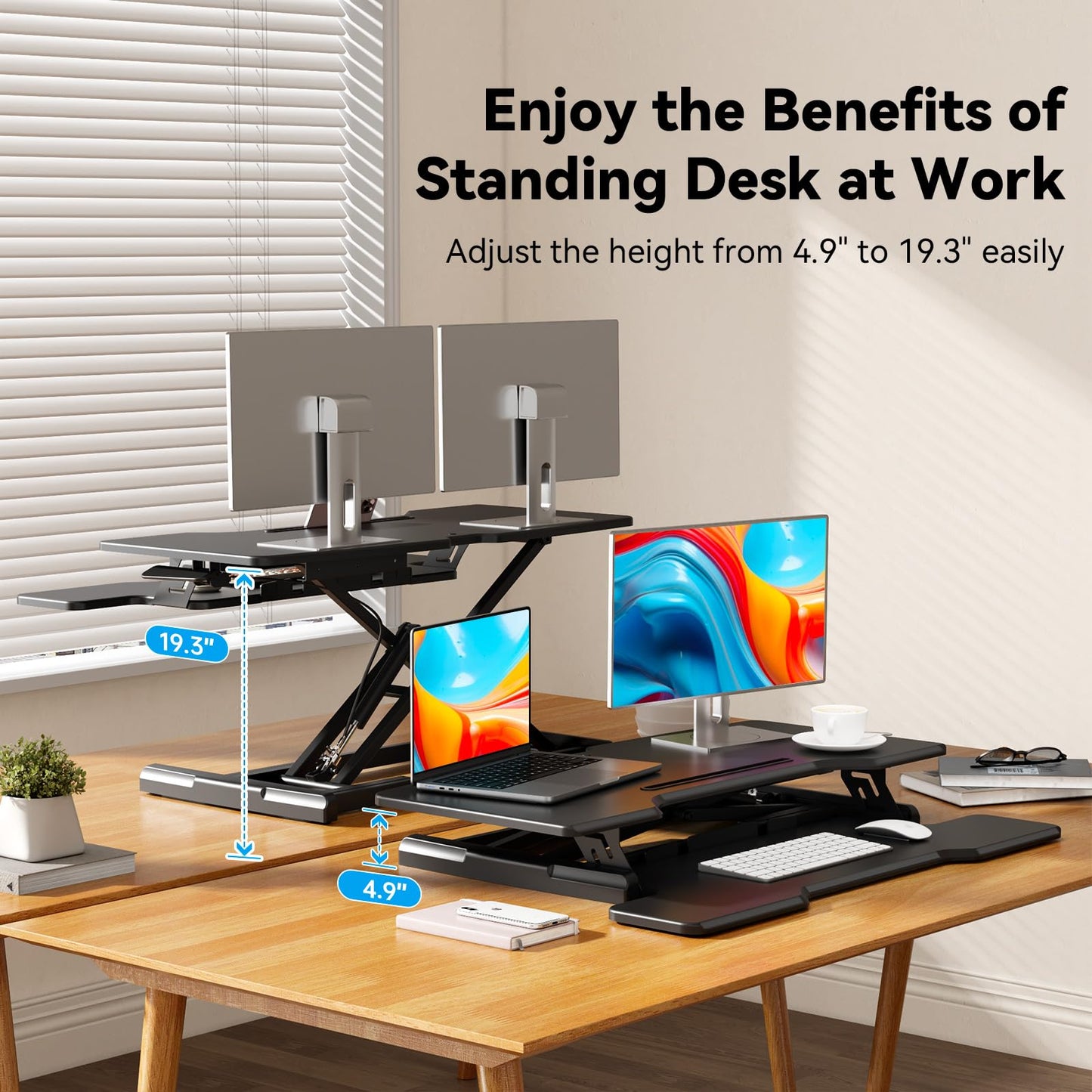 JYLH JOYSEEKER 35" Standing Desk Converter, Height Adjustable Desktop Riser with Keyboard Tray for Two Monitors, Sit to Stand up Computer Workstation for Home Office, Black