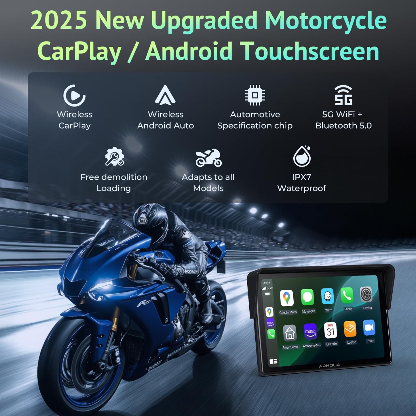 5 Inch Motorcycle CarPlay & Android Auto Display – IP67 Waterproof Touchscreen, Dual Bluetooth, TF Card, GPS Navigation, Voice Control, Universal Mount – APHQUA 522
