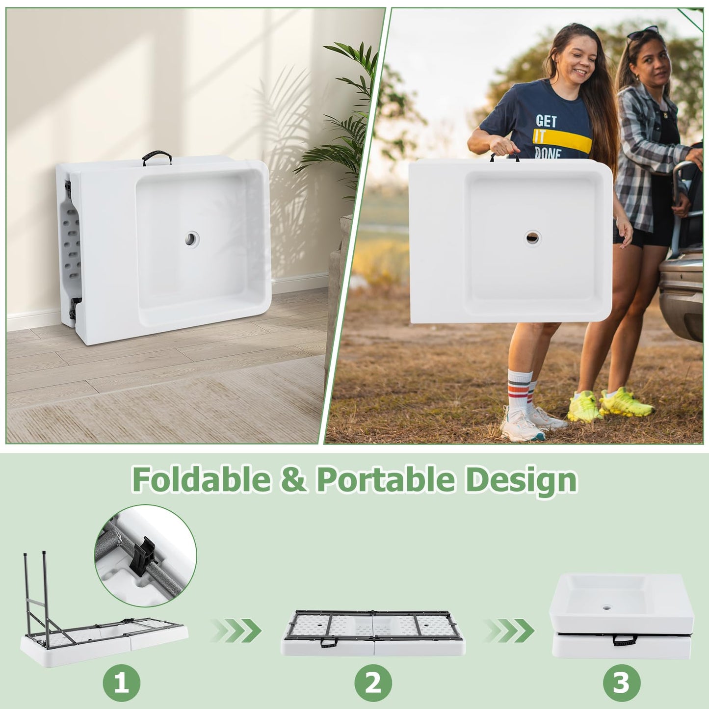 Giantex 5 FT Folding Ice Table with Double Sinks and Drains, Portable Ice Cooler Table with Removable Skirt, No Assembly, Foldable in Half, Fill and Chill Stand for Party Camping BBQ Wedding, White