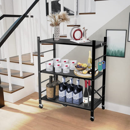 Himix Storage Shelves with Hooks, Foldable Metal Shelving Unit on Wheels, No Assembly Collapsible Shelves for Storage, Holds 264 Ibs Storage Rack for Kitchen Garage Pantry Room Organization