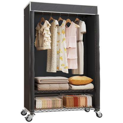 Higeego H4 Clothing Rack with Cover, Rolling Heavy Duty Clothes Rack, Garment Rack on Wheels, Portable Closet for Hanging Clothes, Black Clost Rack with Black Fabric Cover, Max Load 380LBS