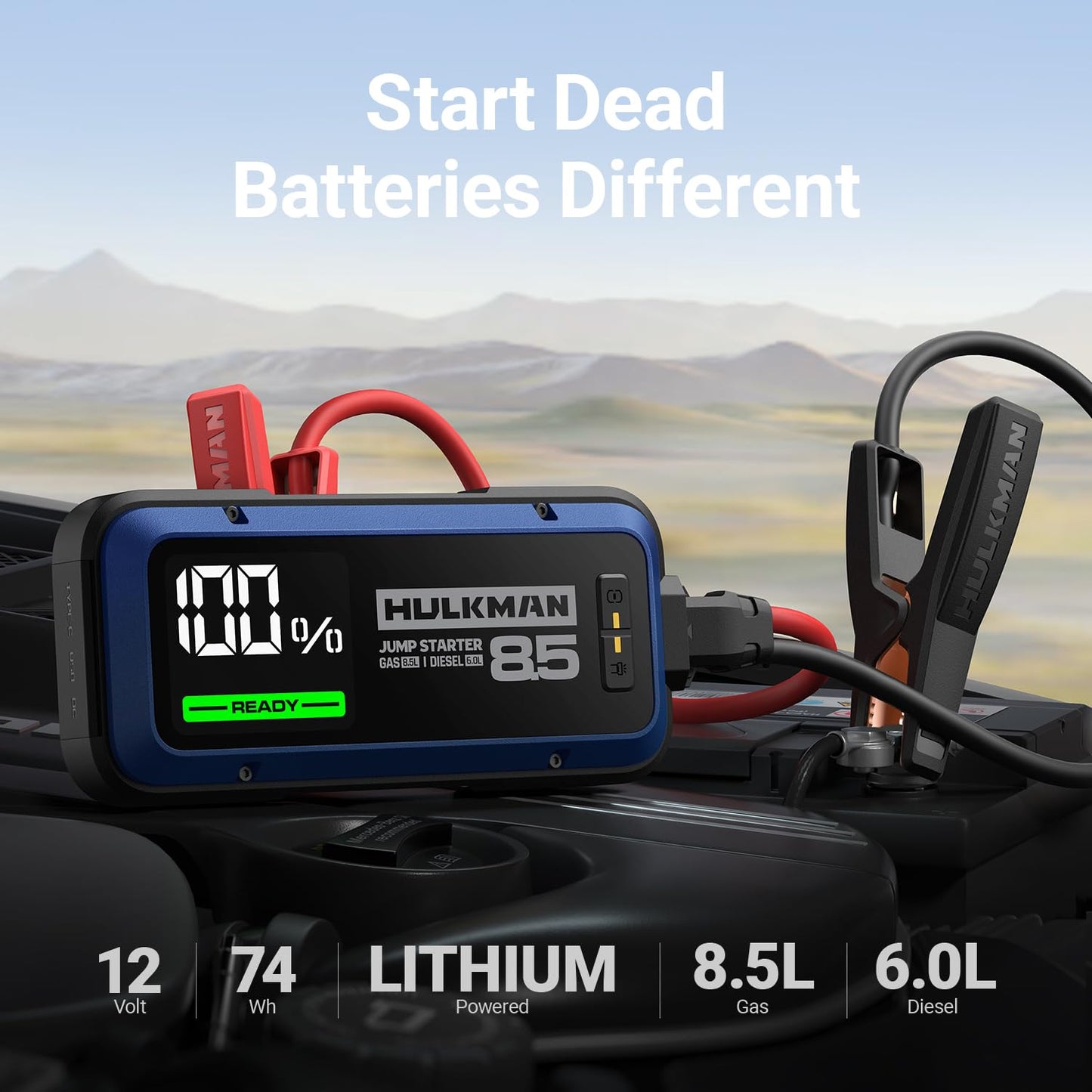 Hulkman Alpha85,Cobalt Blue,2000A 74Wh Smart Jump Starter, 12V Portable Car Battery Booster with 3.3" Display, USB-C Power Pack, 5-Mode Flashlight, Jumper Cables for up to 8.5L Gas/6.0L Diesel