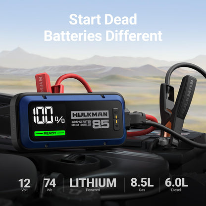Hulkman Alpha85,Cobalt Blue,2000A 74Wh Smart Jump Starter, 12V Portable Car Battery Booster with 3.3" Display, USB-C Power Pack, 5-Mode Flashlight, Jumper Cables for up to 8.5L Gas/6.0L Diesel