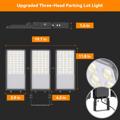 300W Upgraded LED Parking Lot Light with Photocell 45000lm 5000K, ETL, IP66 Waterproof Adjustable 3-Head Commercial Lighting Outdoor, Trunnion Mount, Flood Lights for Roadways, Driveways(2 Pack)