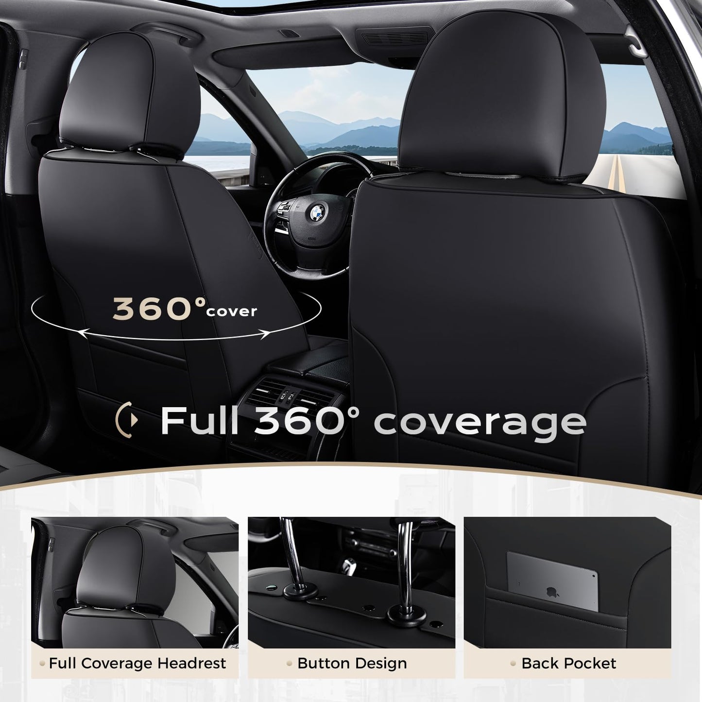 Coverado Car Seat Covers Full Set, Seat Covers for Cars, Front Seat Covers and Back Seat Cover Waterproof Leather Automotive Seat Cover, Universal Car Interior Protectors Cushion for Most Cars