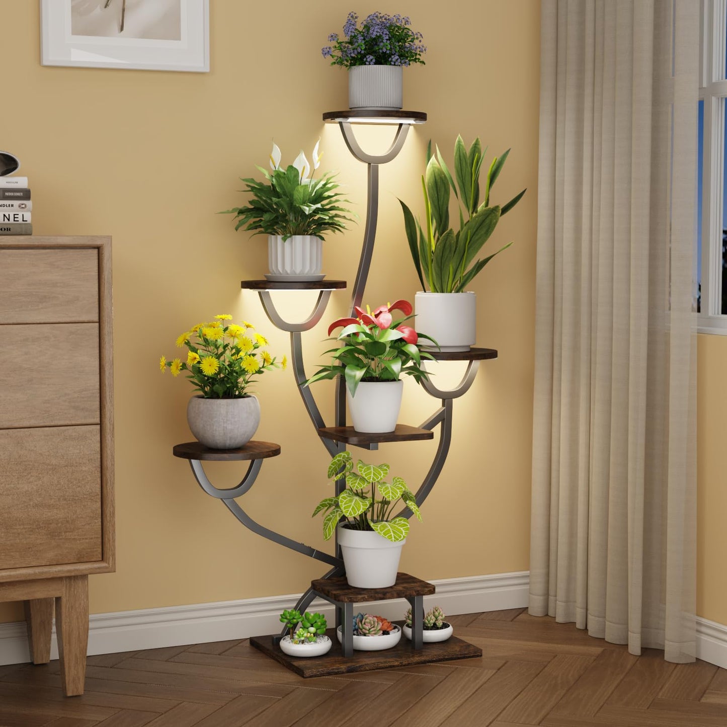 Plant Stand Indoor with Grow Lights - 44.2" Tall Plant Shelf, Lighted Corner Plant Stands for Indoor Growing, 7 Tiered Metal & Wood Plant Holder Display Shelves for Living Room, Patent Design - C4