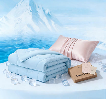 Bedsure Cooling Comforter Bundle Cooling Pillow Cases for Hot Sleepers with Dual-Sided Cool Tech, 2 Pack HA & Ceramides Infused Silky Cooling Pillowcases Soft for Skin & Hair, Blue & Pink, King Size