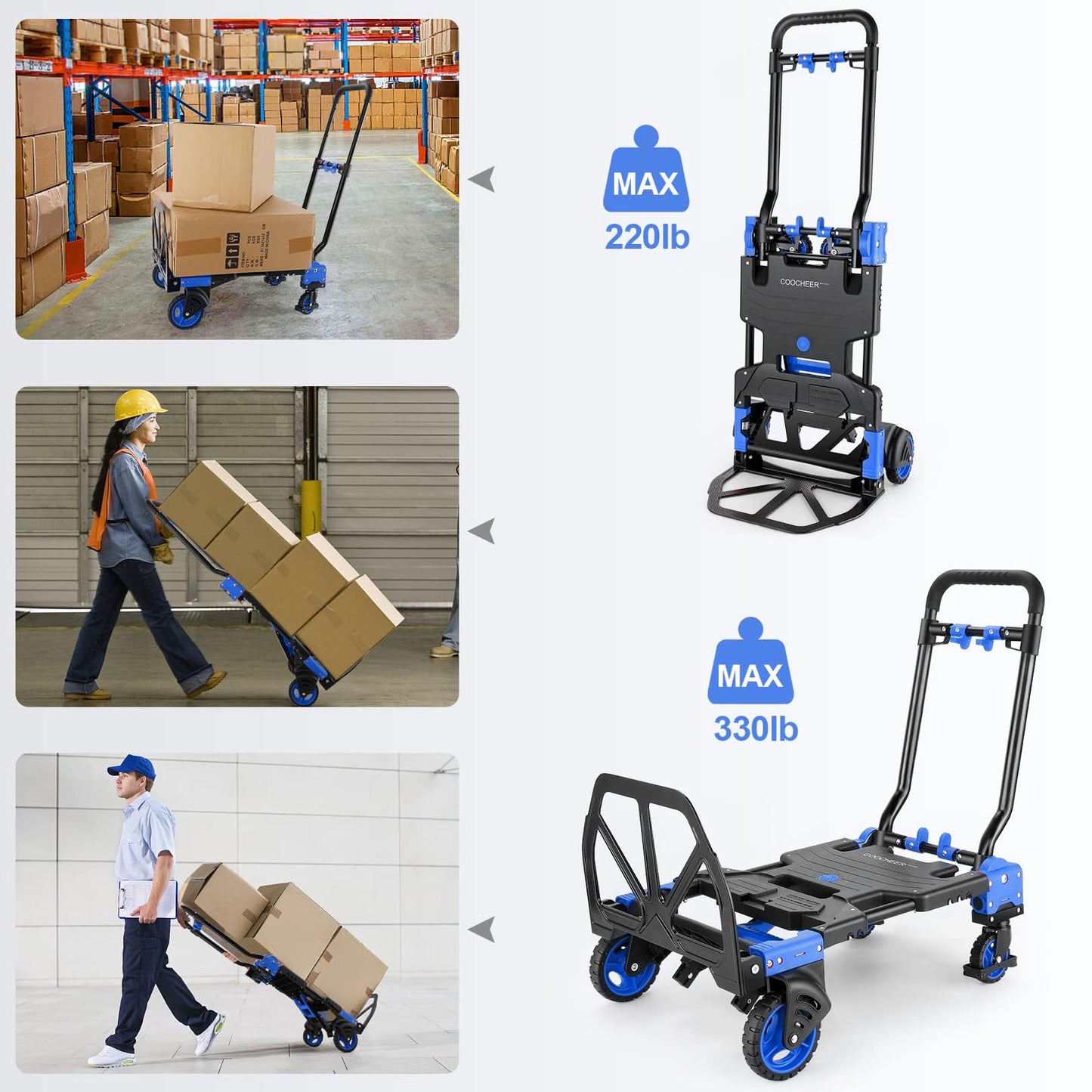 2-in-1 Folding Hand Truck Dolly 330LB Load Carrying, Hand Truck Foldable Dolly with Retractable Handle and 4 Rubber Wheels, Portable Folding Hand Cart for Moving/Travel/Office(Blue)