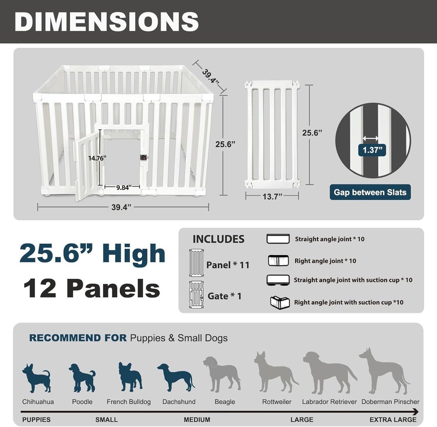 Dog Playpen with Locking Door - 12 Panels Indoor Puppy Play Pen & Pet Fence, 25.6 Inch Height Portable Playpen for Small Medium Dogs & Cats, Easy Set Up, Durable Plastic, White