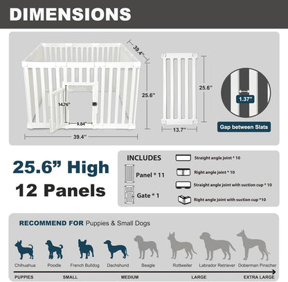 Dog Playpen with Locking Door - 12 Panels Indoor Puppy Play Pen & Pet Fence, 25.6 Inch Height Portable Playpen for Small Medium Dogs & Cats, Easy Set Up, Durable Plastic, White