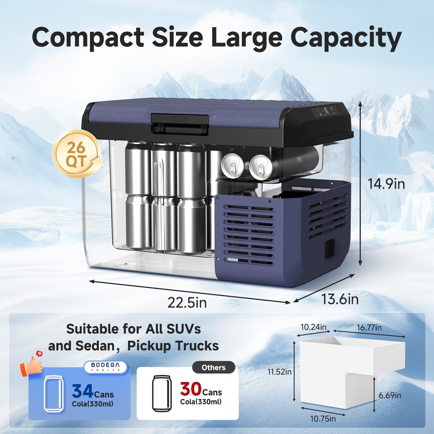 BODEGA 12 volt Car Refrigerator - 26QT Portable Freezer IPX4 Waterproof Car Fridge Electric Cooler Ultra-Quiet for Truck Van Camping Travel 12/24V DC 110~240 Volt AC,-4℉~68℉