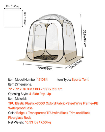 VEVOR Pop Up Sports Tent, 72" x72x76.8 Instant Weather Proof Clear Tent for 4–6 Persons, Portable Foldable Shelter with Removable Floor Mat & Top Cover, for Watching Sports Events, Camping, Fishing