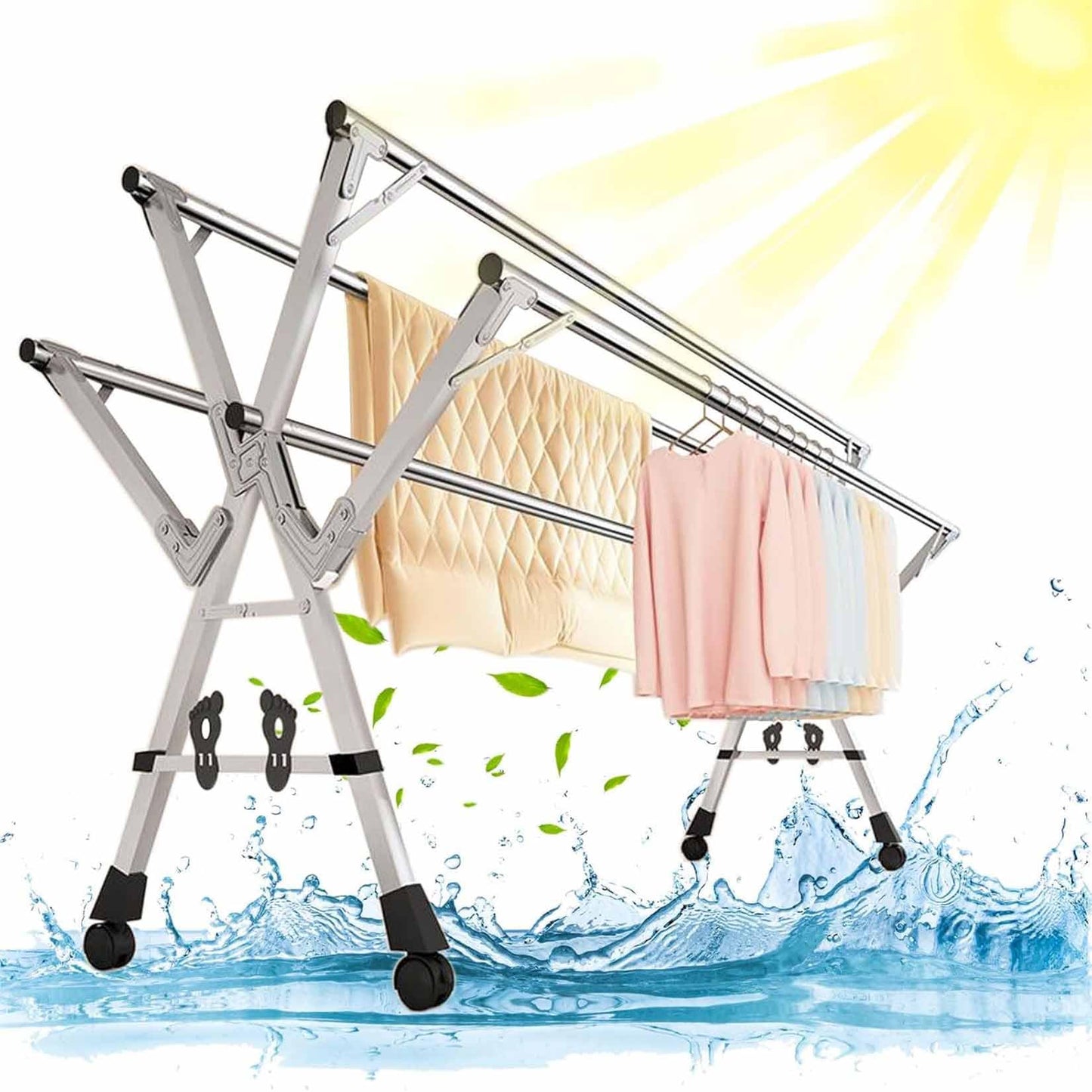 GRPDMDM 5Poles Folding Clothes Drying Rack,Stainless Steel Laundry Rack with Wheels, Blanket Rack,Clothe Sline, Extendable,with Windproof Hooks,for Indoor Outdoor