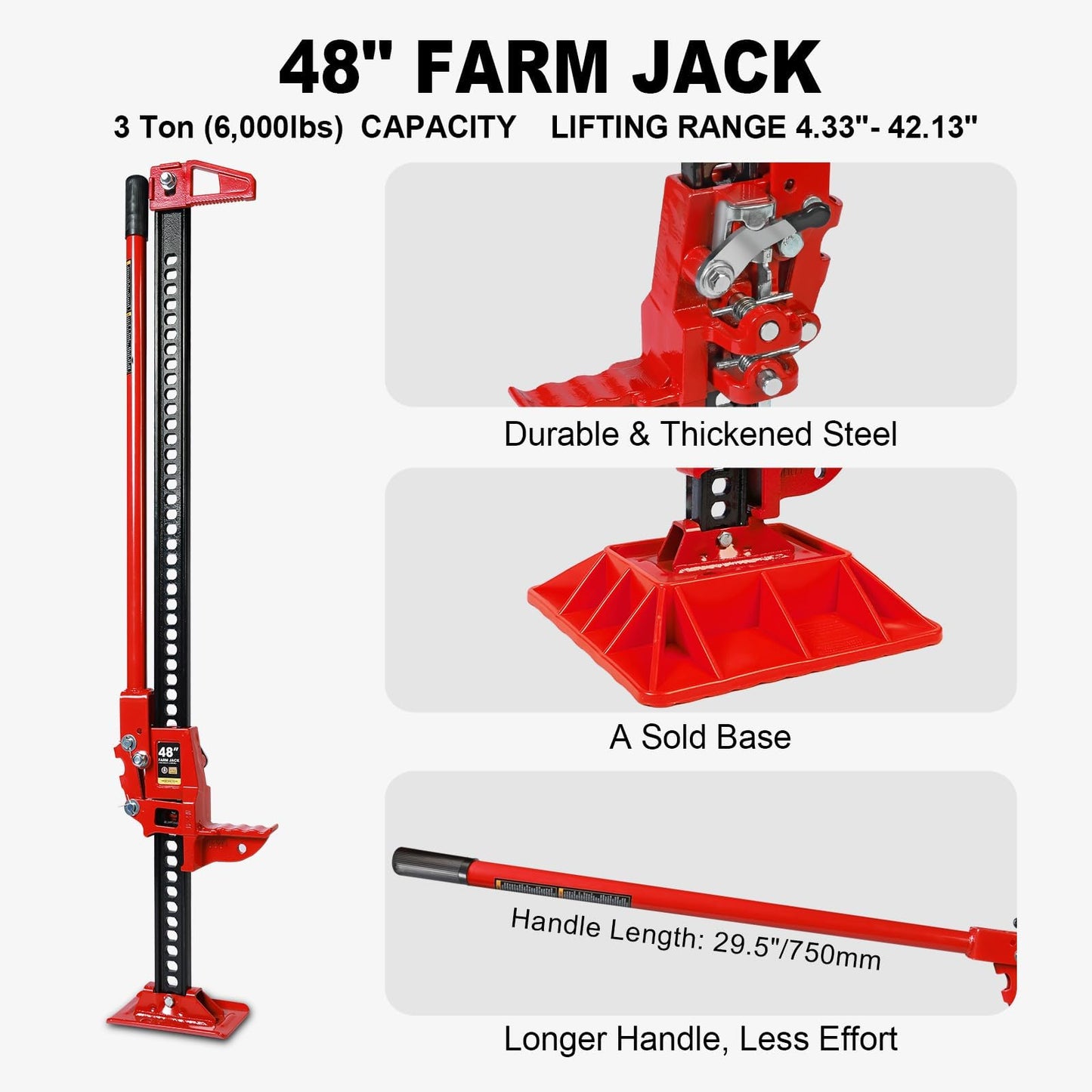 Big RED 48" High Lift Farm Jack with Base Mate - 3-Ton Off-Road Recovery Jack for Car, Truck, Jeep, ATV, SUV & UTV - Prevents Sinkage in Sand, Mud & Snow