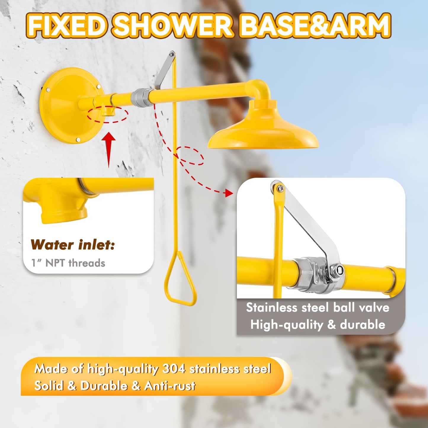 CGOLDENWALL Emergency Shower Safety Shower Station Horizontal Mount Drench Head, 1" NPT Thread, 304 Stainless Steel+ABS Shower Head