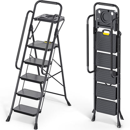 KINGRACK 5 Step Ladder, Sturdy Steel Step Stool with Anti-Slip Wide Pedals, Handrail, Safe-Lock Design, Pass 800lbs Load Testing, Folding Portable Ladder for Multi-Purpose, Home, Kitchen, Black