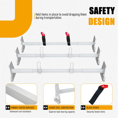 SINASUYE Universal Roof Ladder Rack Adjustable Length 48”-67” for Cargo Van with Rain Gutters Fit for 1996-up Chevy Express 1500 2500 3500 Ford Econoline GMC Savana 800 Lbs Load Capacity