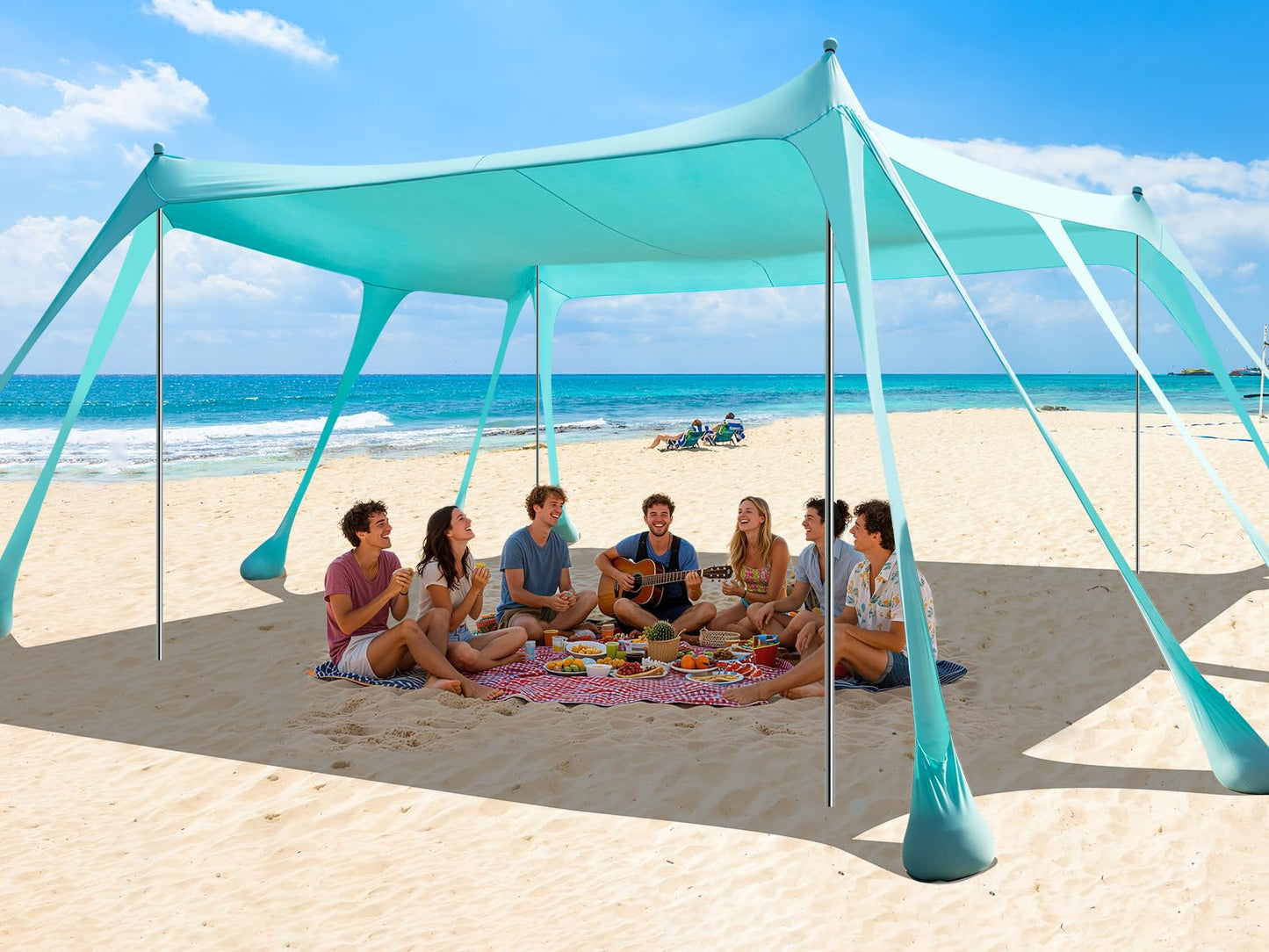 Beach Tent Sun Shelter, 13x10FT Beach Shade Canopy with 10 Sandbags, UPF50+ Outdoor Beach Canopy for Camping Trips, Fishing, Backyard - Sand Shovel, Ground Pegs & Stability Poles