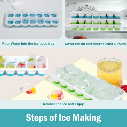 3 Pack Ice Cube Trays with Lids, Flexible Silicone Bottom for Easy Release, Stackable & Space-Saving Ice Molds, 1.2" Cubes Color-Coded (2 Green 1 Blue) for Juice, Coffee & Cocktails, BPA Free