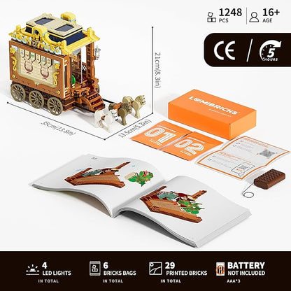 Medieval Troupe Carriage Lighting Building Bricks Set - Middle Ages City Town Playset Multi-Form Modular Collection Display Kit with Minifigures 1248 Pcs for Adults &amp Teens