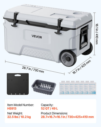 VEVOR Hard Cooler, 52QT Portable Rolling Cooler with Wheels, Leak-Resistant Coolbox Keeps Contents Cool for 48 Hours, Ice Retention Insulated Chests, Ultra-Light for Outdoor Picnics, Grill, Camping
