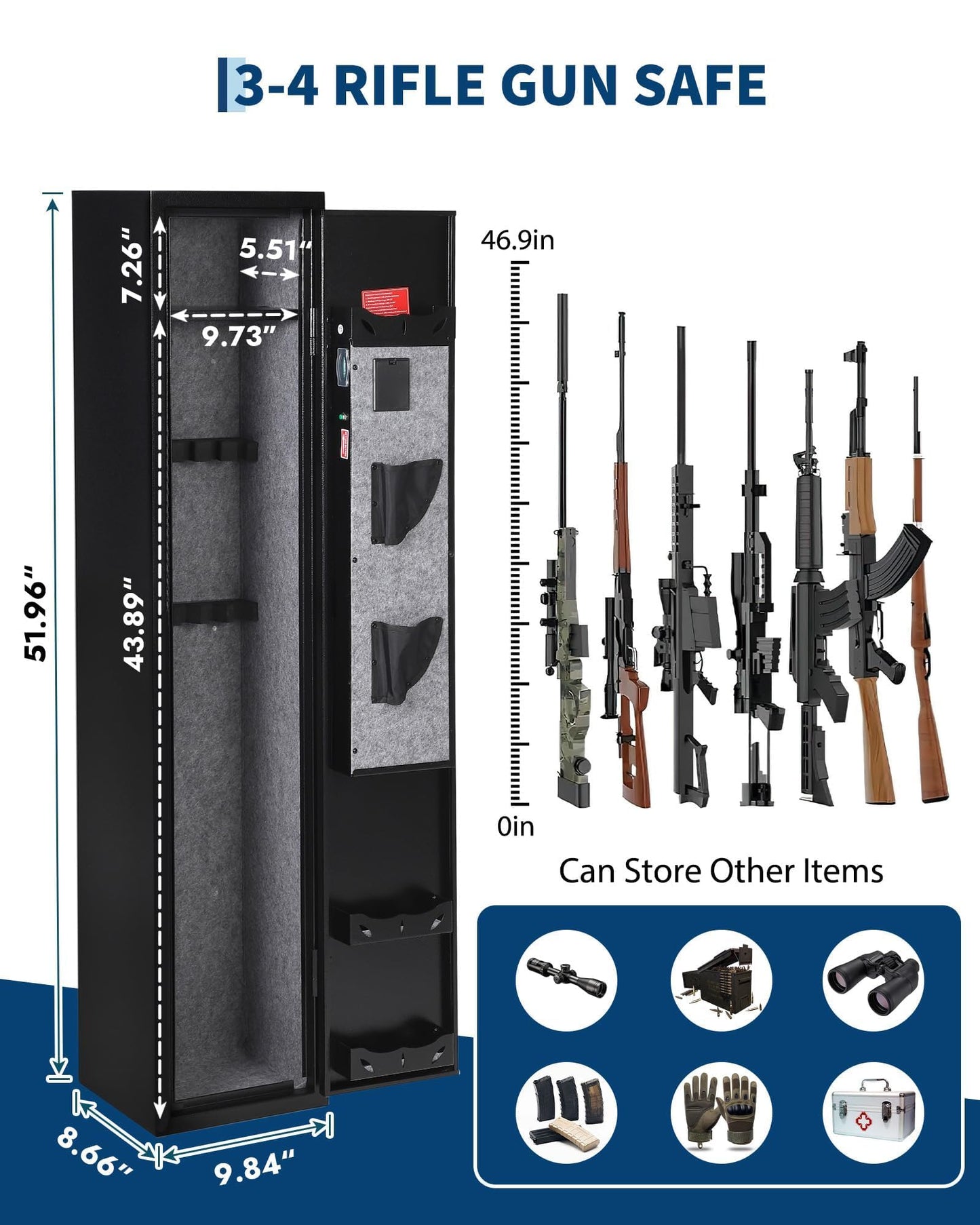 3-4 Gun Safes, Gun Cabinet for Rifles and Pistols, Quick Access Rifle Safe with Removable Shelf, Multifunction Lock, Pistol Pockets for Home Office