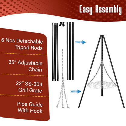FEBTECH - 55-inch Steel Tripod Campfire Grill Set - Portable BBQ Grate with Stand for Outdoor Cooking Camping Fire Pit