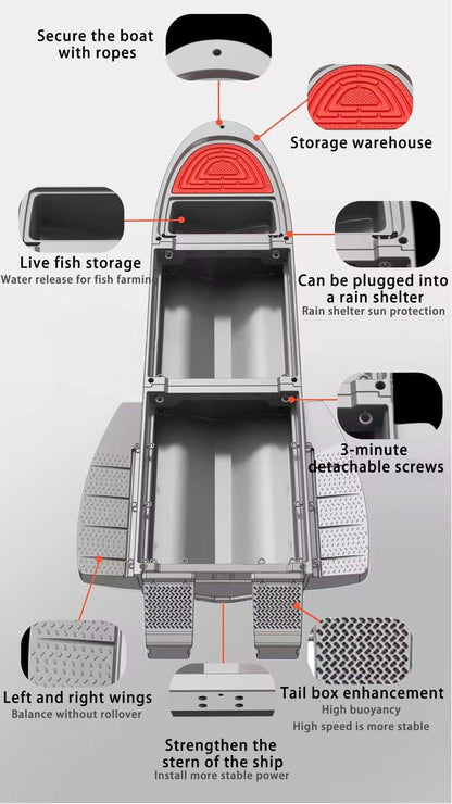Fishing Boat，Modular Folding Pontoon Boat, Motor-Ready，Up to 1300lbs Buoyancy Suitable for 2-6，Easy Transport，Great for Hunting/Fishing/Rescuing/Touring/Grey