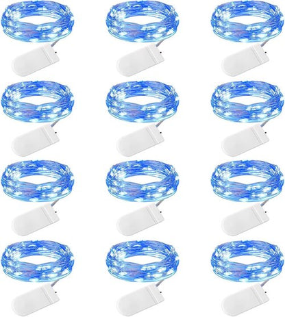 Brightown 12 Pack Led Fairy Lights Battery Operated String Lights Waterproof Silver Wire 7 Feet 20 Led Firefly Starry Moon Lights for DIY Wedding Party Bedroom Patio Christmas (12 Pack, Blue & White)