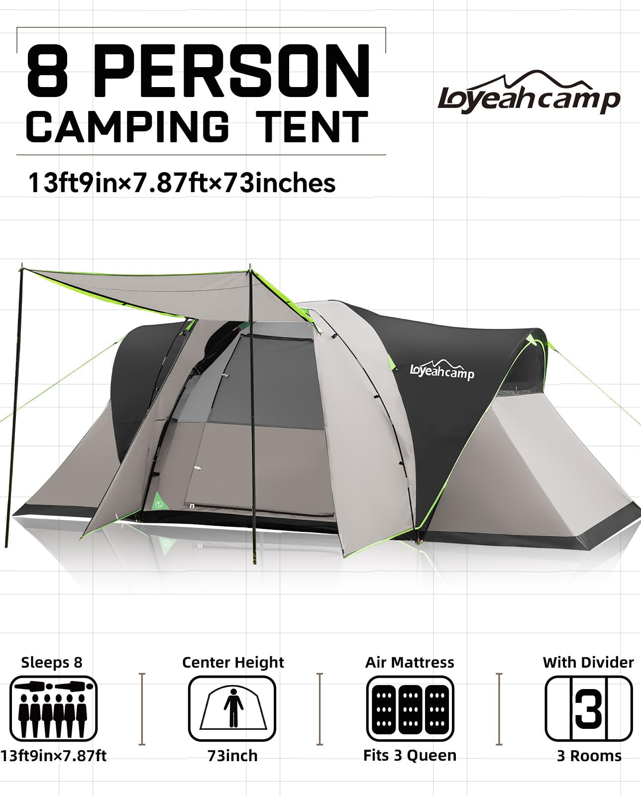 LOYEAHCAMP 8 Person Larger Extended Dome Camping Tent with 3 Rooms, Waterproof Semi-Freestanding Family Outdoor Tent with Porch and Spacious Interior