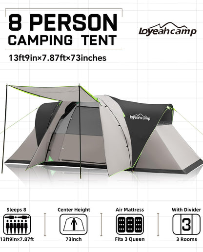 LOYEAHCAMP 8 Person Larger Extended Dome Camping Tent with 3 Rooms, Waterproof Semi-Freestanding Family Outdoor Tent with Porch and Spacious Interior