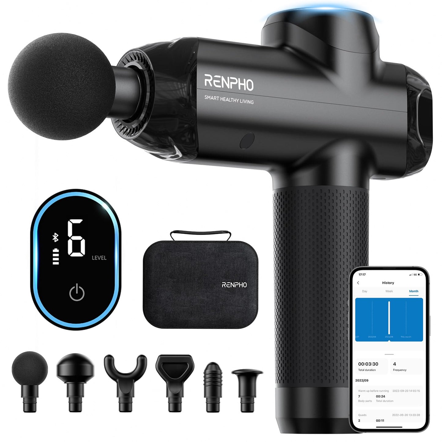 RENPHO Massage Gun Deep Tissue with 12mm Amplitude, Percussion Muscle Massage Gun, Portable Electric Handheld Massager Gun, LED Touch Display Carry Case Power