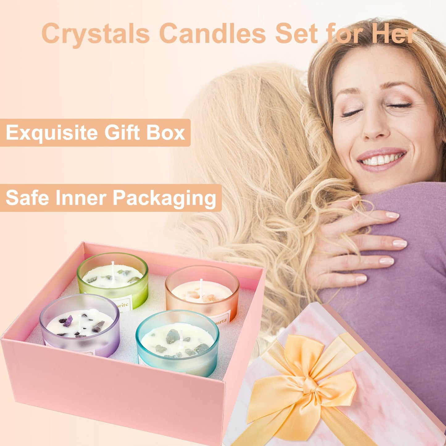 Scented Candles with Healing Crystals, Set of 4 Soy Candle with Crystals Healing Stones, Aromatherapy Candle Teacher's Day Gifts for Women, Rose Sage Amethyst Wax Bathroom Candles for Mother's Day
