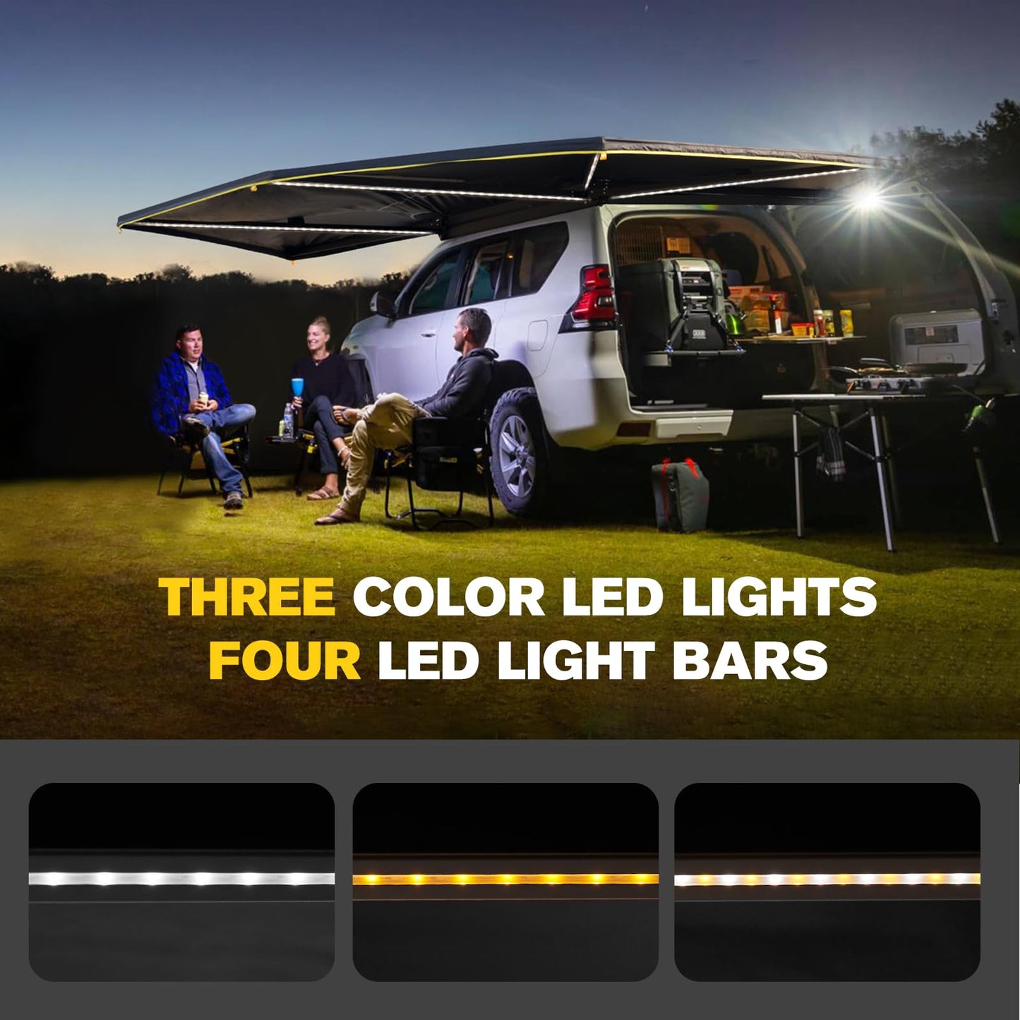 BUNKER INDUST 270 Degree Awning Free Standing, Vehicle Overland Awning Built-in LED Light - Three Colors, Car Driver Side, Waterproof Wind Resistant for SUV Van Truck Camper