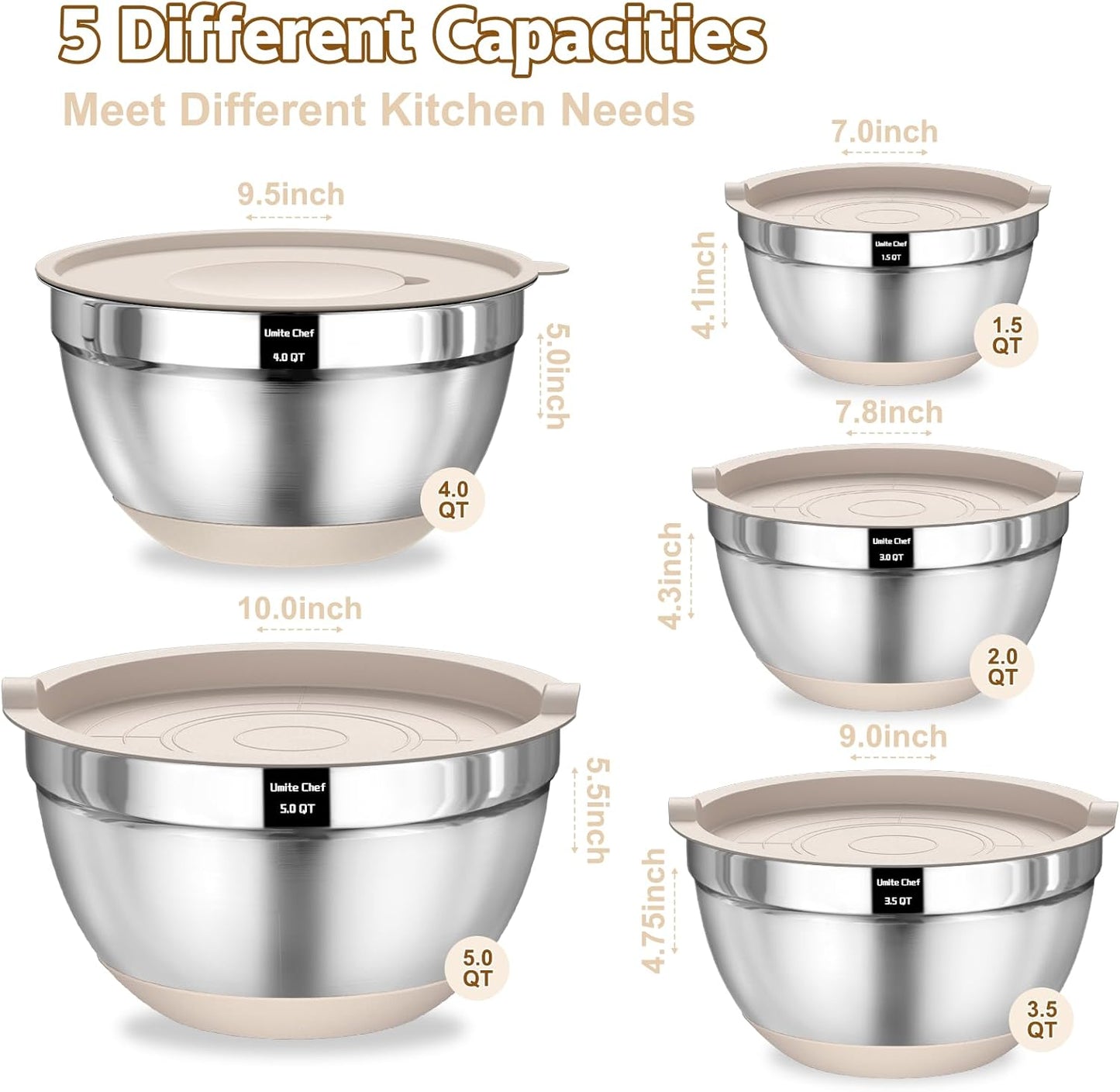 Umite Chef Mixing Bowls Set - 8PCS Stainless Steel Nesting Bowls with Airtight Lids & Grater | Khaki, Non-Slip Bottoms, 1.5QT to 5QT