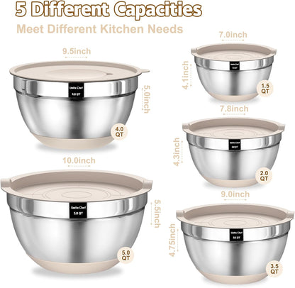 Umite Chef Mixing Bowls Set - 8PCS Stainless Steel Nesting Bowls with Airtight Lids & Grater | Khaki, Non-Slip Bottoms, 1.5QT to 5QT