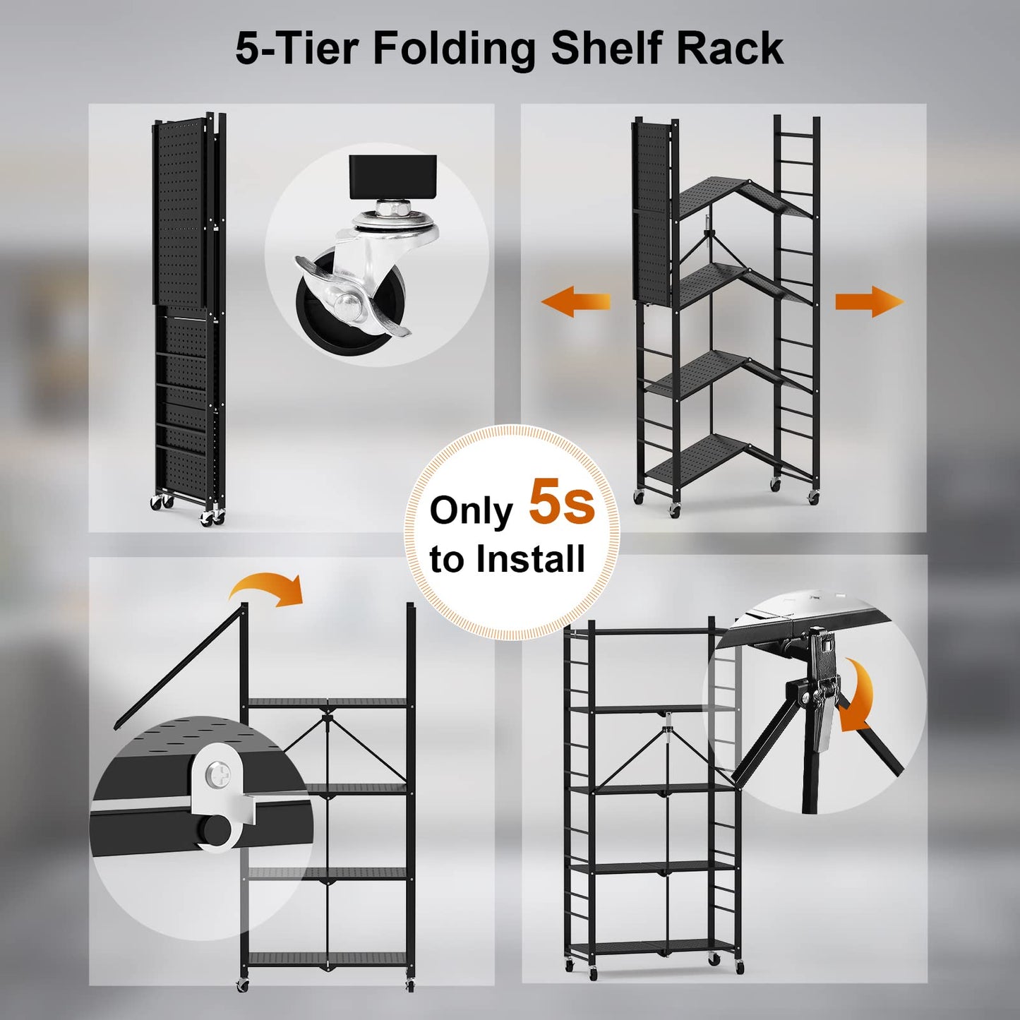 Himix Storage Shelves with Hooks, No Assembly Metal Folding Shelf on Wheels for Kitchen