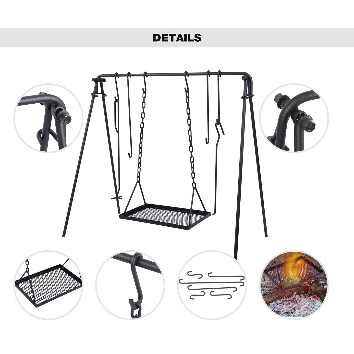 REDCAMP Swing Campfire Grill Stand - Collapsible Campfire Cooking Rack with 6 Hooks & Iron Grill Grate, Portable Dutch Oven Hanger for Outdoor Camping, Cookware, Bonfire, Rectangle