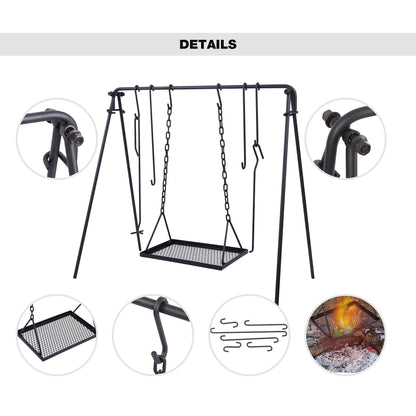 REDCAMP Swing Campfire Grill Stand - Collapsible Campfire Cooking Rack with 6 Hooks & Iron Grill Grate, Portable Dutch Oven Hanger for Outdoor Camping, Cookware, Bonfire, Rectangle
