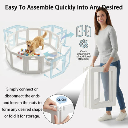 Jatindear 12Pcs Free Angle Plastic Dog Playpen, All-in-One Assemble Playpen Divider, Durable Safety Play Pen Indoors, Puppy, Cat, Small Animal (White, 78.74" × 39.37" × 23.6")