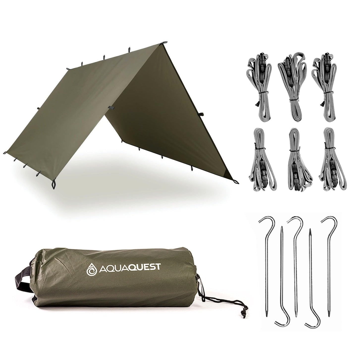 AquaQuest Defender Tarp – Heavy‑Duty Waterproof (20,000 mm) Seam‑Taped Rain Fly for Camping, Bushcraft & Survival – 10×10 Olive Drab Kit