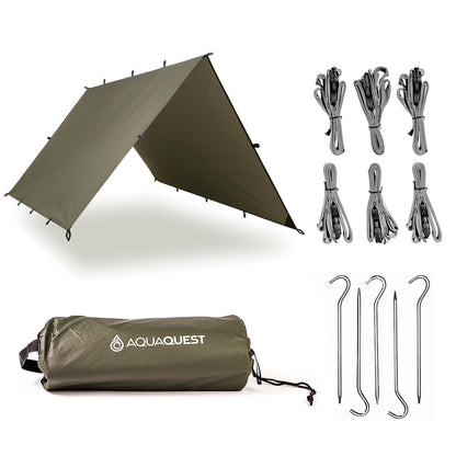 AquaQuest Defender Tarp – Heavy‑Duty Waterproof (20,000 mm) Seam‑Taped Rain Fly for Camping, Bushcraft & Survival – 10×10 Olive Drab Kit